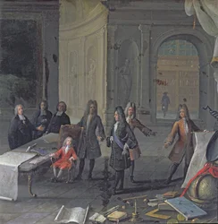 Louis XIV assistant à une leçon de son arrière-petit-fils, le futur Louis XV, vers 1715
