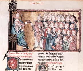 Louis X (1289-1316) le Hutin donnant la Charte aux Normands, de Le Grand Coutumier de Normandie, c.1340
