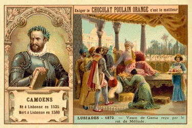 Luis de Camoes, poète portugais, et une scène de son poème Les Lusiades, représentant Vasco de Gama reçu par le roi de Malindi