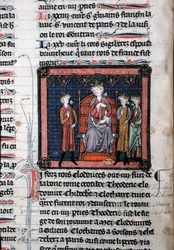 MS.782 Childeric II (c.650-675), Clodomir (c.495-524) et peut-être Théodoric, représentés sous la protection du roi Clotaire Ier (c.497-561), assis sur un trône, miniature des Chroniques de Saint-Denis (vélin)