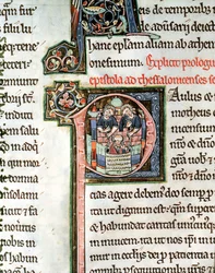 MS 3 Fol. 291v La Fuite de Saint Paul de Damas, lettre initiale illuminée P, 13ème siècle, de la Bible d