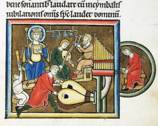 MS CXXXVII fol. 149r, Roi David tenant le psautier et musiciens jouant, du Psautier de Sainte Élisabeth