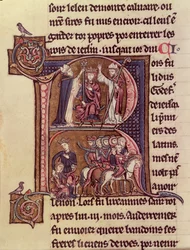 Initiale historiée R représentant le roi Baudouin Ier de Flandre (1171-1205) couronné empereur latin en 1204 et sa générosité envers une femme turque envoyant son enfant