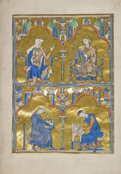 MS M.240 f.8r, Blanche de Castille et le roi Louis IX de France et en dessous : Auteur dictant à un scribe, Bible de Saint Louis (Bible moralisée), probablement Paris
