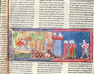 M. 806 f.166 Lancelot prouve son amour pour Guenièvre en traversant une rivière sur un pont d