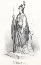M Minerve : Déesse sortie de la tête de Jupiter, armée avec cape et lance en main. Sous le nom de Minerve, elle était déesse de la sagesse et sous le nom de Pallas, elle était déesse de la guerre