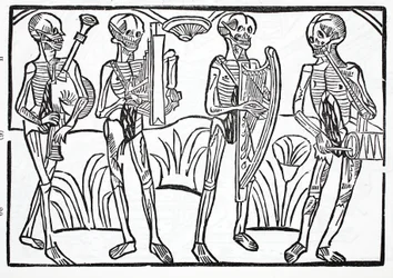 Danse macabre - squelettes de musiciens dans un orchestre