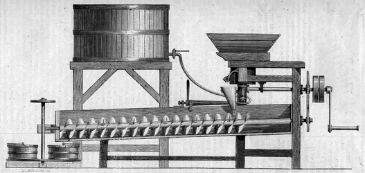 Machine à fabriquer du mortier de béton. Gravure dans "Le Monde Illustré" n°55 du 1er mai 1858.