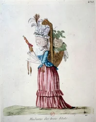 Madame des Trois États Une femme portant des vêtements élégants et un panier de fruits et légumes représentant les trois états à l