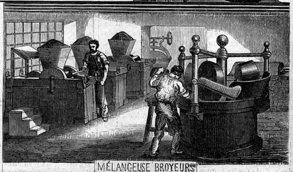 Fabrication de chocolat : machines de mélange et de broyage. Usine de M. Masson, Paris