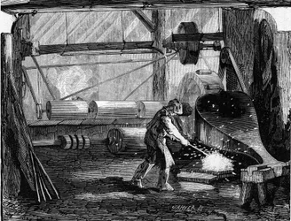 Fabrication de canons de fusil : les bandes de fer sont rouges vives. Gravure dans « Le Monde Illustré » n°35 du 12 décembre 1857.