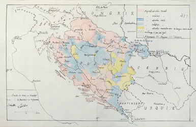 Carte de la Bosnie avec détails des zones occupées par des groupes ethniques minoritaires, 1910