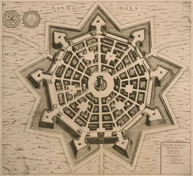 Carte de Palmanova, tirée de Les Villes de Venetie, 1704, publiée par Rutgert Alberts à La Haye
