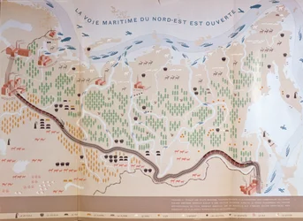 Carte de la Sibérie montrant les immenses ressources naturelles de la région et représentant une route maritime qui ouvrirait le commerce, 1933