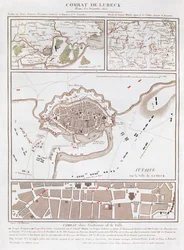 Carte du combat à la Bataille de Lübeck, montrant les positions des armées françaises, prussiennes, suédoises et danoises