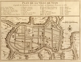 Carte de la ville de Siam, capitale du royaume de ce nom après une enquête réalisée par un ingénieur français en 1687, publiée dans l
