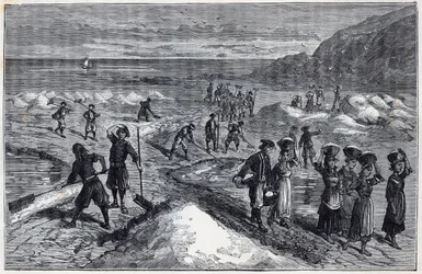 Marais salants de Bretagne au XIXe siècle - Gravure dans "Les sciences mises à la portée de tous - physique et chimie populaires" par Alexis Clerc - Fin du XIXe siècle - Collection privée