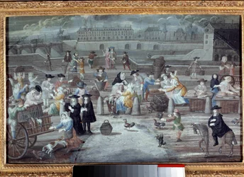 Marché à la volaille et au pain, quai des Grands Augustins à Paris en 1660. Peinture anonyme française
