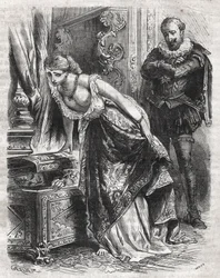 Marguerite de Valois (1553-1615), dite Reine Margot, cache Julien de Léris, son amant, dans un coffre. Son mari, le roi Henri IV de France (1553-1610), observe la scène avec amusement. 16ème siècle. Gravure de 1871 dans "Histoire Des Cocus Célèbres" par He
