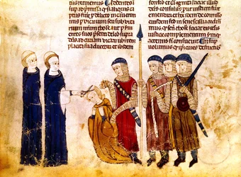 Marguerite de Bourgogne (1290-1315) épouse du roi de France Louis X, se fait couper les cheveux pour adultère (vélin)