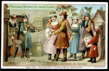 Coutumes de mariage : retour de la cérémonie en Galicie, Autriche - chromo. Liebig, v. 1895