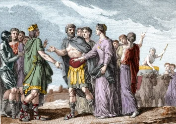 Mariage de Clovis Ier (481-511), roi des Francs, avec Clotilde (Sainte Clotilde, ca. 475-545) (reine) en 493. Gravure du XVIIIe siècle.