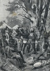 Massacre au Congo : Européens suppliciés par des cannibales. Dans "Le Petit Parisien" de 1898.