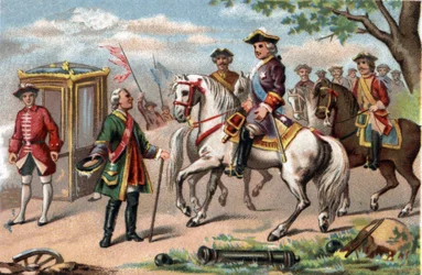Maurice de Saxe, maréchal de Saxe (1696-1750), victorieux à la bataille de Fontenoy, rencontre Louis XV de France (1710-1774). Chromolithographie vers 1890