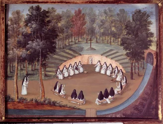 Réunion de religieuses à Port Royal des Champs dans une conférence en solitude. Peinture anonyme du 18ème siècle. Port Royal, musée des Granges