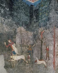 Hommes chassant avec des chiens, détail de La Chambre du Cerf (1343)