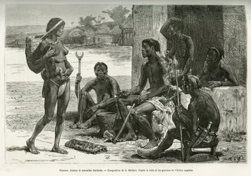 Hommes, femmes et ustensiles (région de Bihe, Rwanda). Gravure par D. Maillart, pour illustrer l