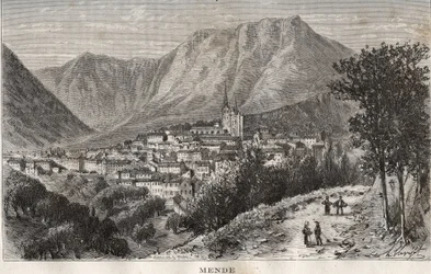 Mende - Lozère en région Languedoc-Roussillon - gravure dans « La France illustrée : géographie, histoire, administration statistique » par V.-A. Malte-Brun. 1884