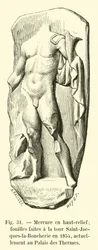 Mercure en haut-relief; fouilles faites à la tour Saint-Jacques-la-Boucherie en 1854, actuellement au Palais des Thermes