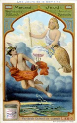 Mercure et Jupiter jouent mercredi et jeudi. Publicité du XIXe siècle pour "Le véritable extrait de viande Liebig".