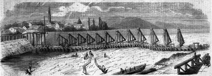 Phénomène météorologique : dessèchement du Rhin en 1858. Vue du pont de Kehl (Allemagne), prise en aval de la côte française. Gravure dans « Le Monde Illustré » n°50 du 27 mars 1858.