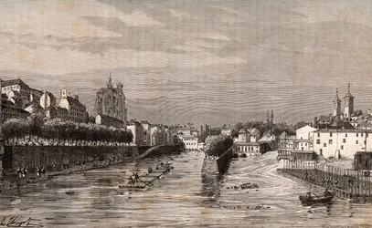 Metz - vue du port Saint-Georges - Moselle - gravure dans "La France illustrée: géographie, histoire, administration statistique" par V.A. Malte-Brun. 1884