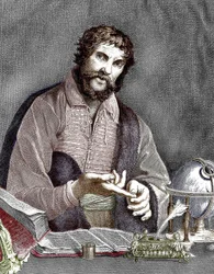 Michel de Nostredame, alias Nostradamus (1503-1566) astrologue et médecin français, gravure, document colorisé