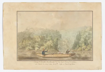 Micmacs dans leur canoë en écorce de bouleau; Détroit de Canso entre la Nouvelle-Écosse et l