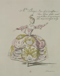 Miss Puvigne en Air, dans Zoroastre, un livret de Cahusac, composé par Jean-Philippe Rameau (1683-1764) fac-similé par A. Guillaumot Fils, 1749 (gravure en couleur)