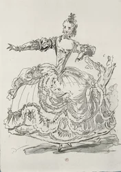 Mlle Puvigne en La Statue Vivante, dans Pygmalion, un livret de Lamotte, composé par Jean-Philippe Rameau (1683-1764) 1748 (gravure en couleur)