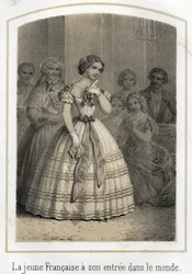 Mondanité : la jeune Française fait son entrée dans le monde. Elle est admirée de tous. Gravure anonyme du XIXe siècle