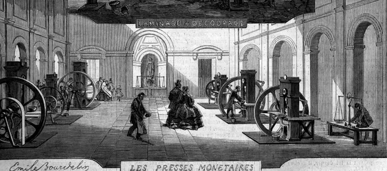 Fabrication de monnaie : atelier de presses à monnaie. Gravure dans « Le Monde Illustré » n°145 du 21 janvier 1860