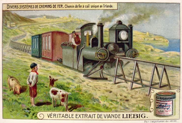 Train monorail en Irlande, carte publicitaire pour Véritable Extrait de Viande Liebig