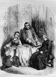 Monsieur De Breteuil, intendant du Limousin, contrôle les registres paroissiaux tenus par Dubois, curé et futur cardinal. Gravure dans « L