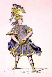 Monsieur Le Kain en Achille, dans Iphigénie en Aulide, de Jean Racine (1639-99) 1679 (gravure en couleur)