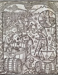 Mois de la récolte, avec signes du zodiaque Vierge et Balance, gravure du Grand calendrier des bergers, France