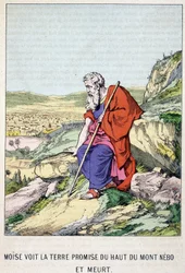 Moïse voit la terre promise du sommet du mont Nebo et meurt - dans « La vie de Moïse », éd. Olivier Pinot, Épinal, fin 19ème siècle