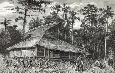 Mosquée à Dodinga, Nouvelle-Guinée, illustration de la revue Le Tour du Monde, 1879