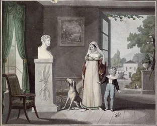 Mère et fils pleurant devant le buste d