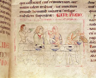 Ms.1215 t.3 fol.158v, Repas avec Judith et Holopherne, de la Bible d